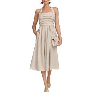 Donna Karen Natural Beige Linen Halter Neck Summer Midi Dress 14